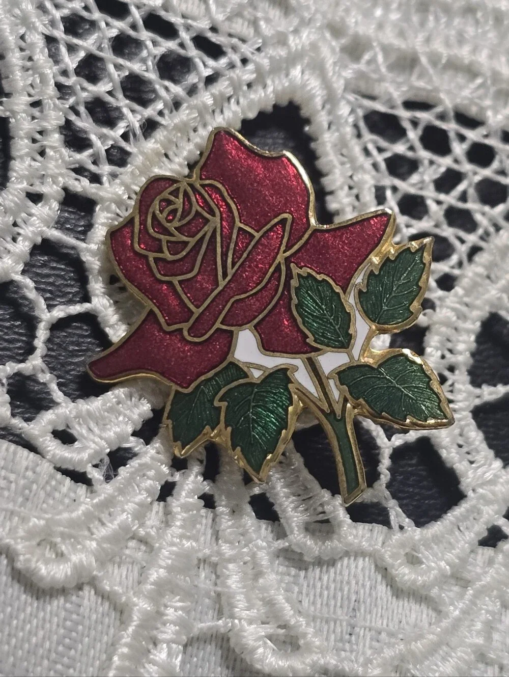 Vintage Enamel Red Rose Brooch